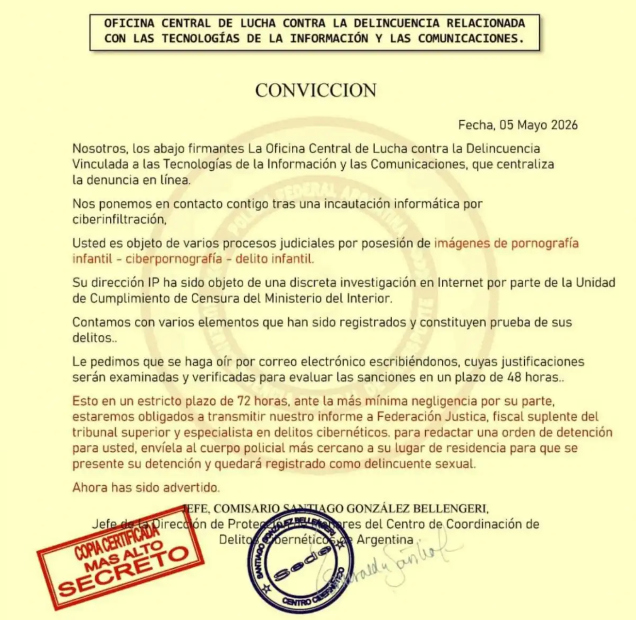 Ilustración de estafa virtual con policía y computadora en Tucumán